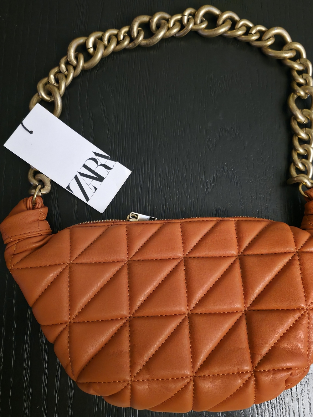 Zara Quilted Terracotta Shoulder Bag with Chunky Gold Chain